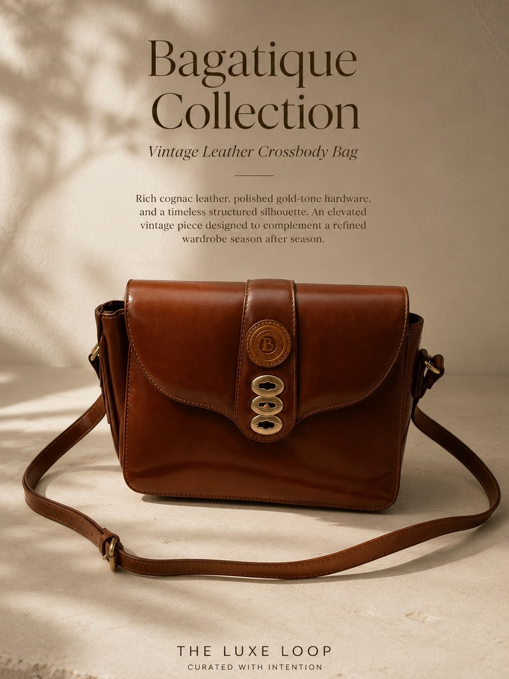 Vintage Cognac Leather Crossbody Bag with Gold Hardware